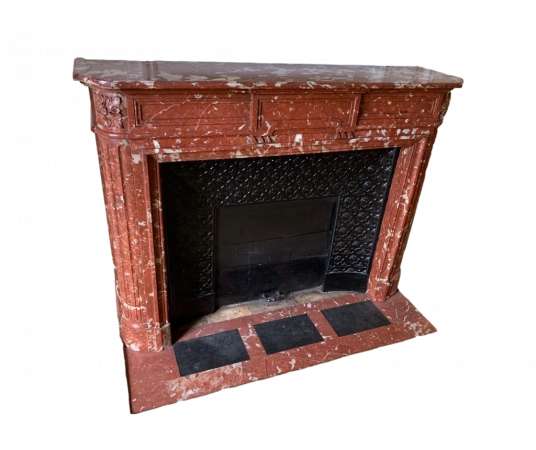 PRETTY ANTIQUE LOUIS XVI STYLE FIREPLACE IN RED LANGUEDOC MARBLE 19TH CENTURY