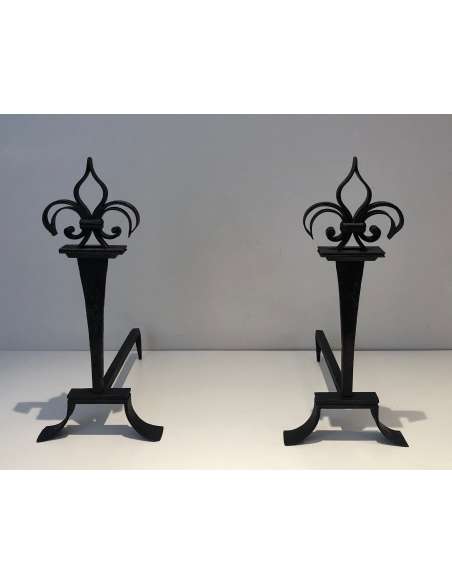 Wrought Iron "Fleurs de Lys" model andirons, Year 50-Bozaart