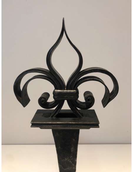 Wrought Iron "Fleurs de Lys" model andirons, Year 50-Bozaart