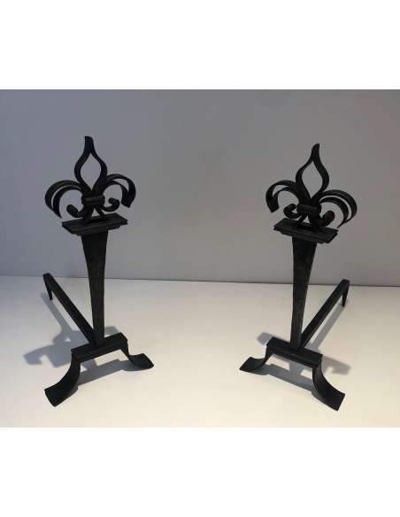 Wrought Iron "Fleurs de Lys" model andirons, Year 50-Bozaart