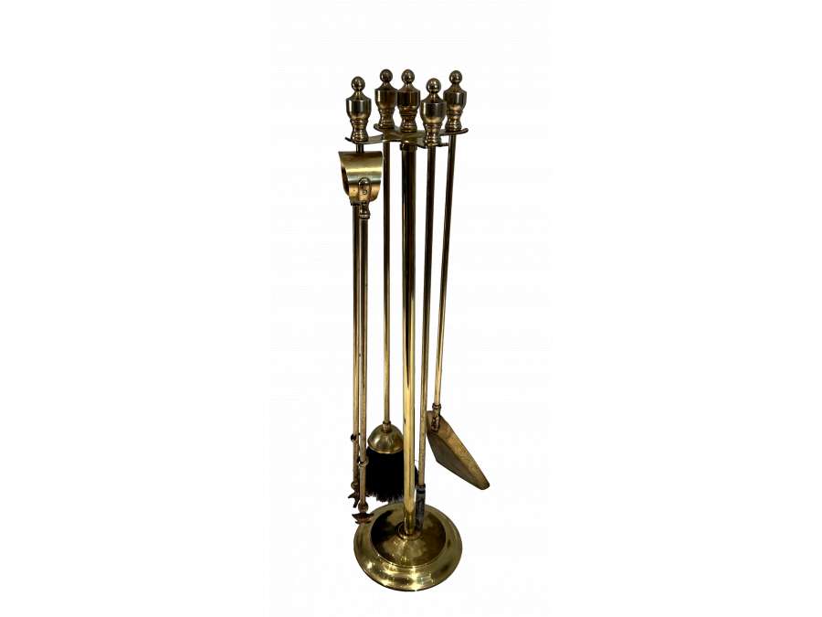 Neoclassical brass fireplace accessories, 1970s