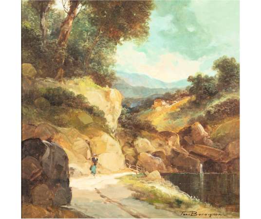 Landscape painting+oil on canvas+by TONI BORDIGNON, 20th century