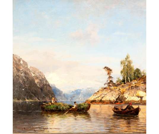 Landscape painting, Oil on canvas+by Georg Anton Rasmussen