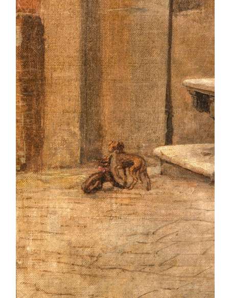 Peinture sur toile+ du 19éme siècle "Cour d'église à Sienne"-Bozaart