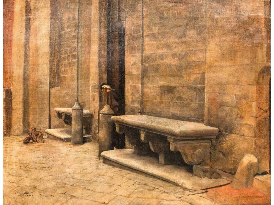 Painting on canvas + 19th century "Church courtyard in Siena"