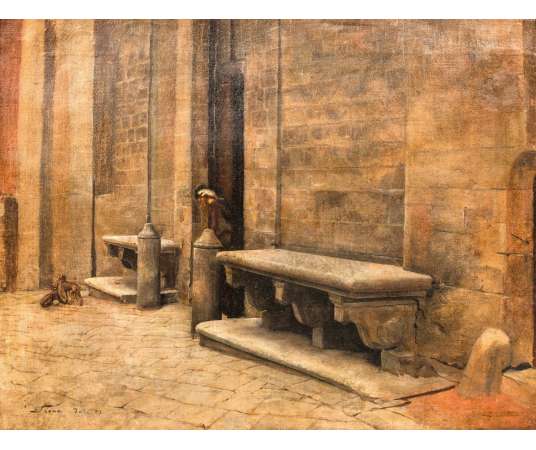 Peinture sur toile+ du 19éme siècle "Cour d'église à Sienne"