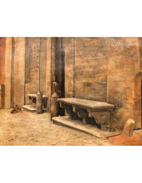 Peinture sur toile+ du 19éme siècle "Cour d'église à Sienne"-Bozaart