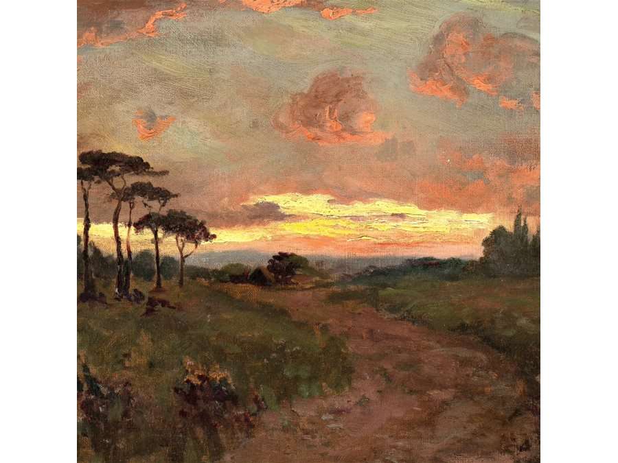 British school Sunset Oil on canvas