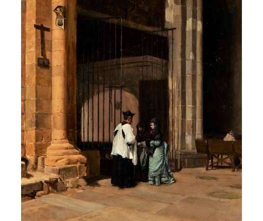 Peinture sur carton+de Enrique MÉLIDA, "Intérieur de l’église"