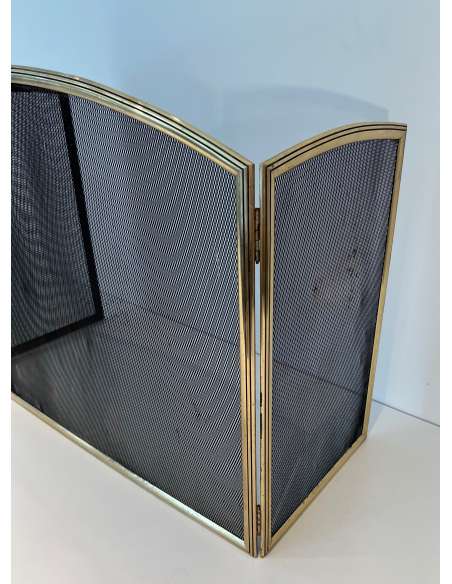 Neoclassical-style fire screen in brass and wire mesh from the 1970s-Bozaart
