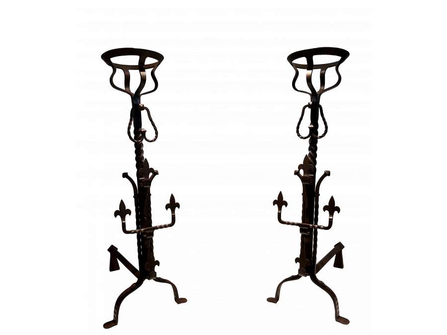 Gothic style wrought +iron andirons from the 1900s