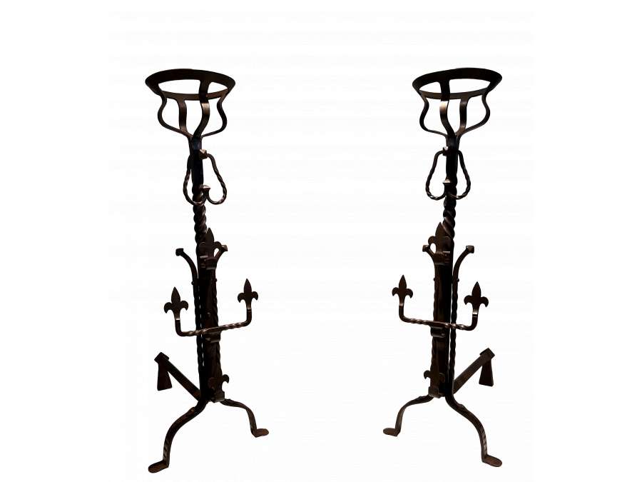 Gothic style wrought iron andirons from the 1900s