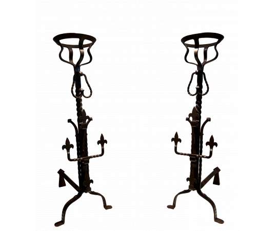 Gothic style wrought iron andirons from the 1900s
