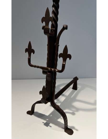 Gothic style wrought iron andirons from the 1900s-Bozaart
