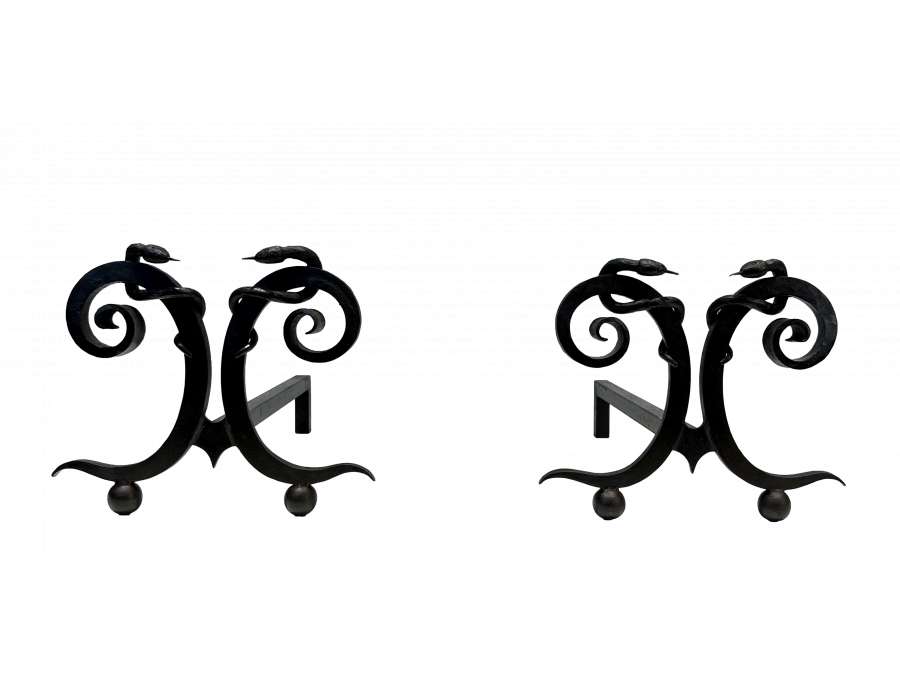 Wrought iron +"Serpent" model andirons from the 50s