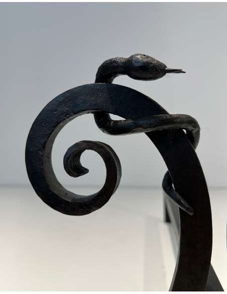 Chenets en Fer Forgé modèle "Serpent" des années 50-Bozaart