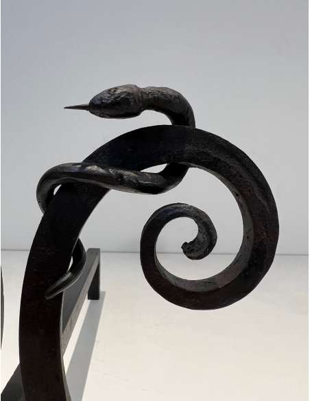 Chenets en Fer Forgé modèle "Serpent" des années 50-Bozaart