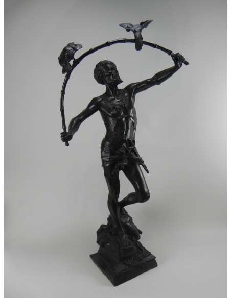 Sculpture en bronze patiné+de Auguste De Wever, "L'Oiseleur Hindu"-Bozaart