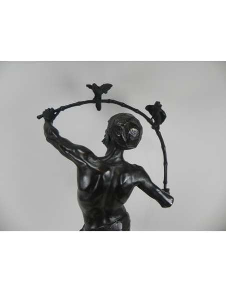 Sculpture en bronze patiné+de Auguste De Wever, "L'Oiseleur Hindu"-Bozaart