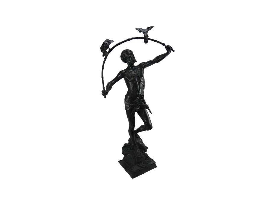 Sculpture en bronze patiné+de Auguste De Wever, "L'Oiseleur Hindu"