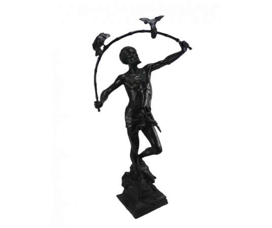 Sculpture en bronze patiné+de Auguste De Wever, "L'Oiseleur Hindu"