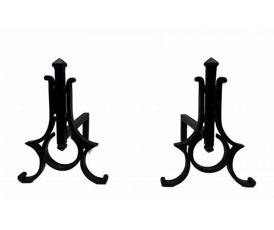 Modernist wrought iron andirons. Circa 40