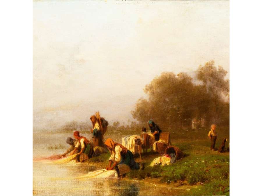 Oil painting on canvas from the 19th century. Characters by Karl Girardet, The Washerwomen by the River