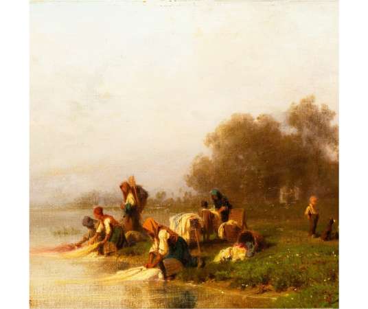 Peinture huile sur toile du 19e. Personnages par Karl Girardet, les Lavandières au bord de la rivère
