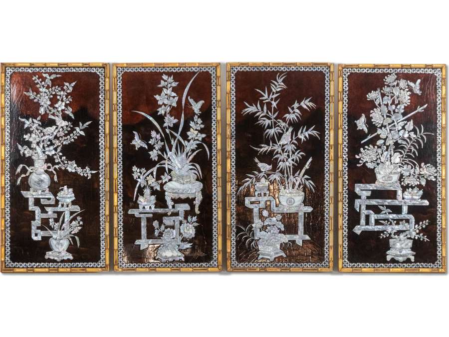 Four Asian-style lacquer panels from the 1950s.