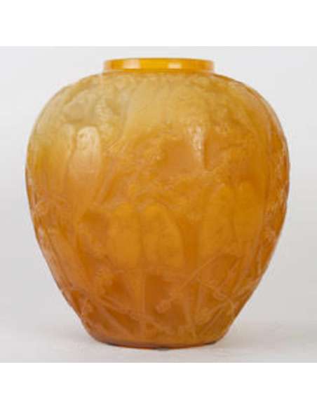 René Lalique, Vase en verre "Perruches", Teinte jaune du 20éme siècle-Bozaart