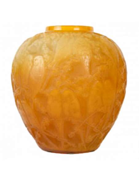 René Lalique, Glass vase "Perruches", Yellow tint, 20th century-Bozaart