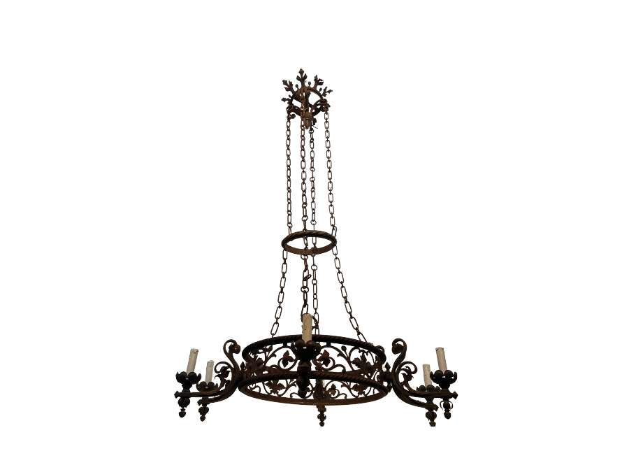 20th century Gothic-style wrought+ iron chandelier