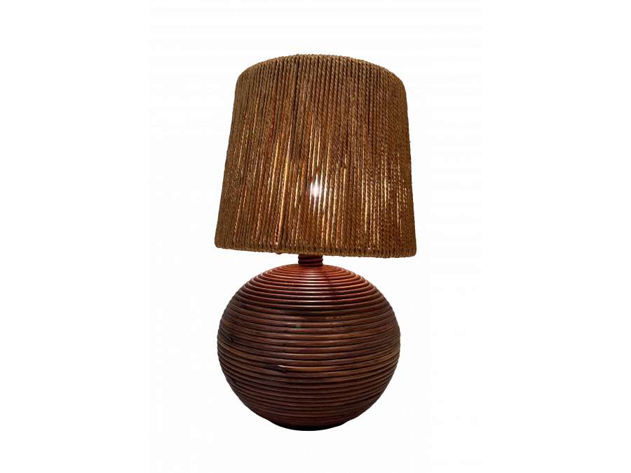 Round vintage rattan lamp+from the 70s