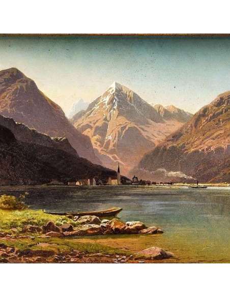 Oil on panel by Roffiaen François, "Fluelen, Lac des quatre cantons (Switzerland)".-Bozaart
