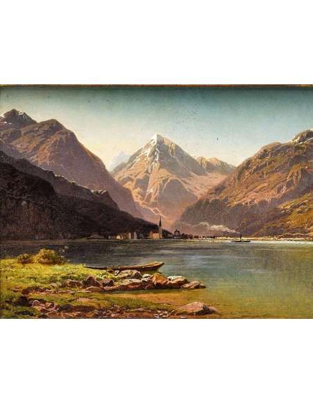 Oil on panel by Roffiaen François, "Fluelen, Lac des quatre cantons (Switzerland)".-Bozaart