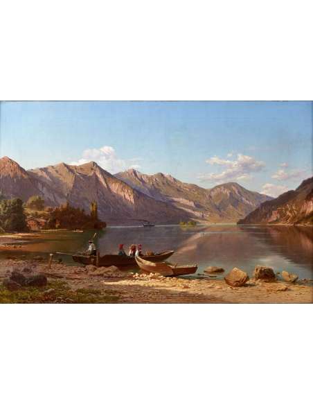 Oil on canvas by Roffiaen François, "Alpine Lake".-Bozaart