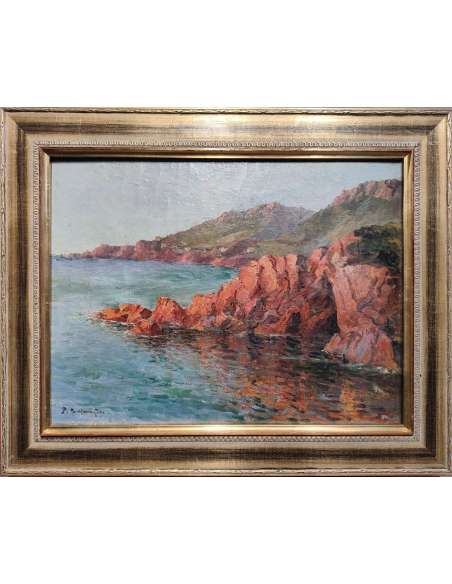 Marine, Huile sur toile « Formations rocheuses de la Calanche, Corse » par Paul Balmigère-Bozaart