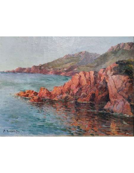 Marine, Huile sur toile « Formations rocheuses de la Calanche, Corse » par Paul Balmigère-Bozaart