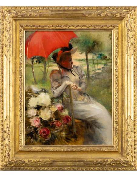 Huile sur toile "Le Parasol Rouge" par Edgard De Montzaigle-Bozaart