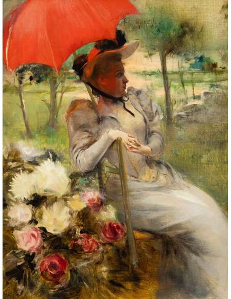 Huile sur toile "Le Parasol Rouge" par Edgard De Montzaigle-Bozaart