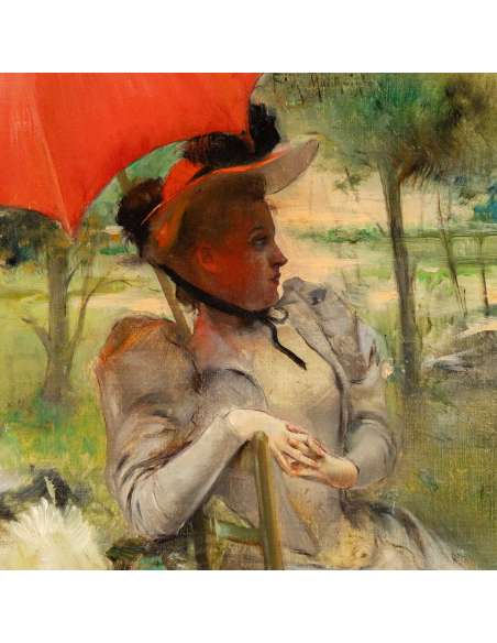Huile sur toile "Le Parasol Rouge" par Edgard De Montzaigle-Bozaart