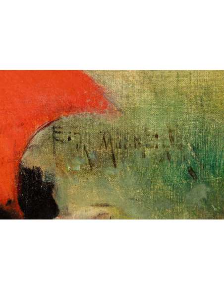 Huile sur toile "Le Parasol Rouge" par Edgard De Montzaigle-Bozaart
