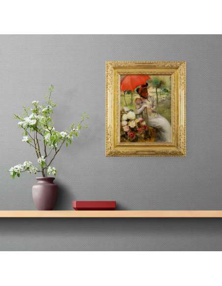 Huile sur toile "Le Parasol Rouge" par Edgard De Montzaigle-Bozaart