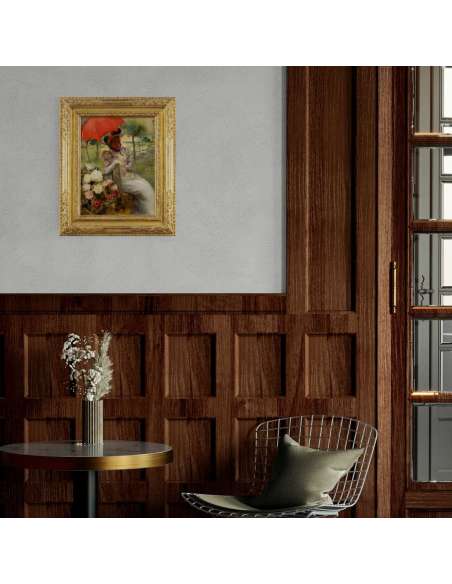Huile sur toile "Le Parasol Rouge" par Edgard De Montzaigle-Bozaart