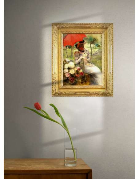 Huile sur toile "Le Parasol Rouge" par Edgard De Montzaigle-Bozaart