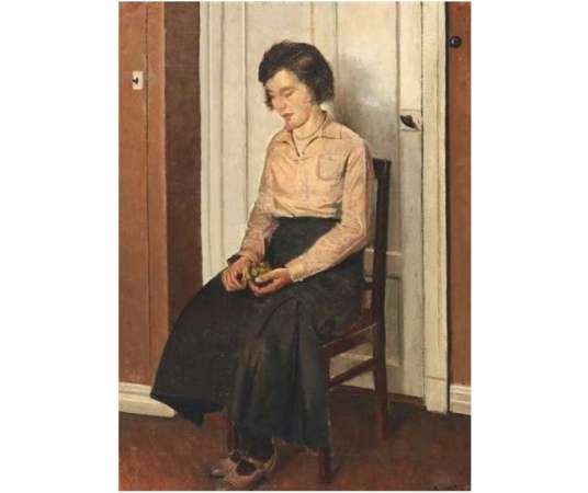 Portrait huile sur toile de Søeborg Axel, "Femme avec des raisins, 1933"