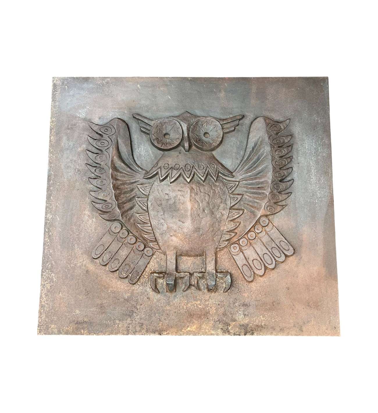 Large Modernist Cast Iron Fireback showing an Owl Signed Lucas by Foundery Stern