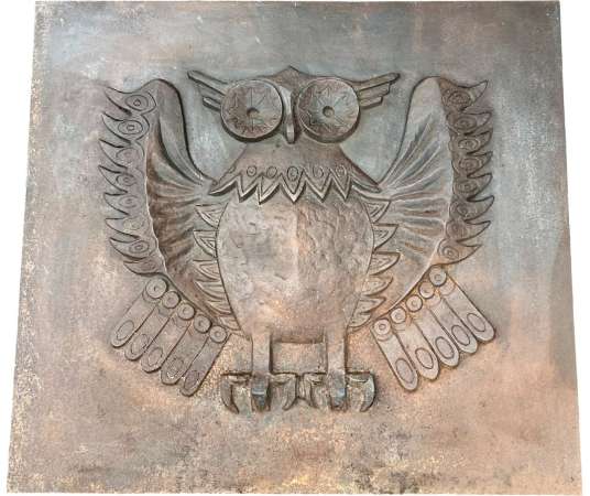 Importante Plaque de Cheminée Moderniste en Fonte Modèle Chouette Signée Lucas par le Fondeur Stern