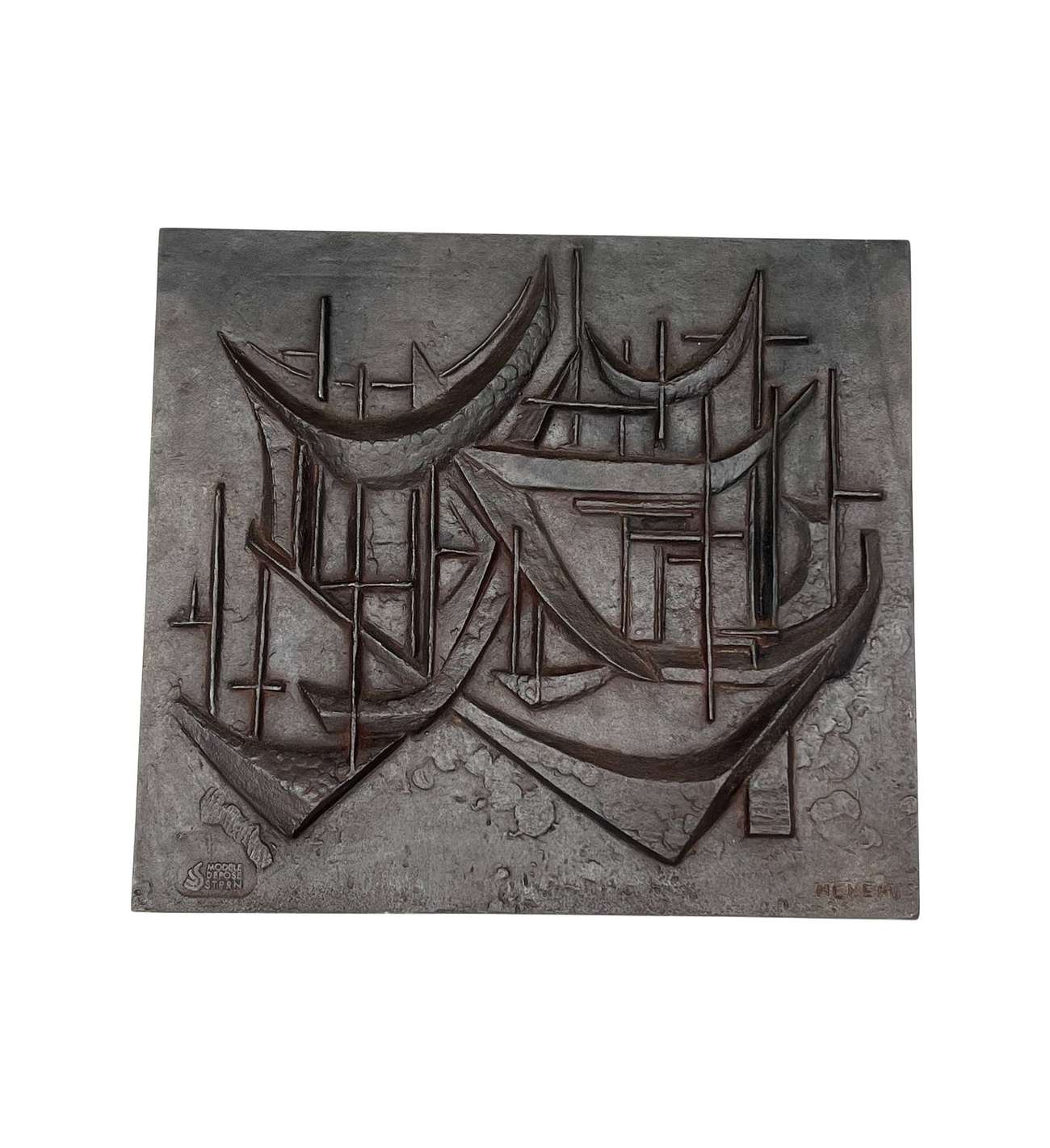 "Sailboats" Modernist Cast Iron Fireback, Signed