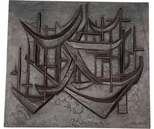 "Sailboats" Modernist Cast Iron Fireback, Signed